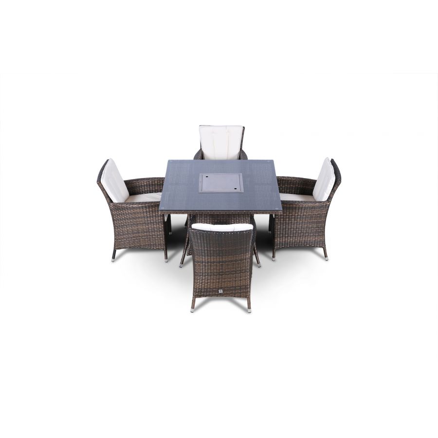 Savannah Fire Pit 4 Seater Square Rattan Dining Set - Brown