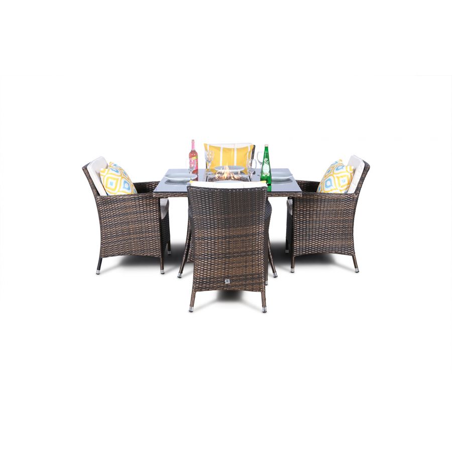 Savannah Fire Pit 4 Seater Square Rattan Dining Set - Brown