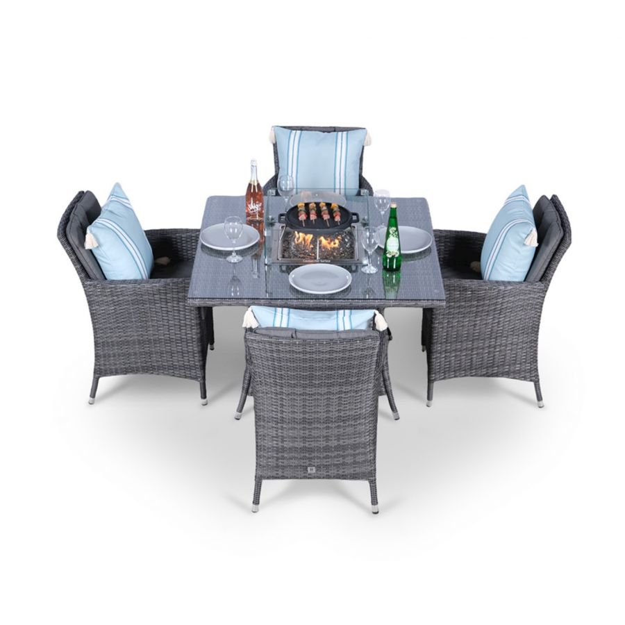 Savannah Fire Pit 4 Seater Square Rattan Dining Set - Grey