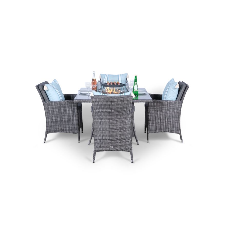 Savannah Fire Pit 4 Seater Square Rattan Dining Set - Grey