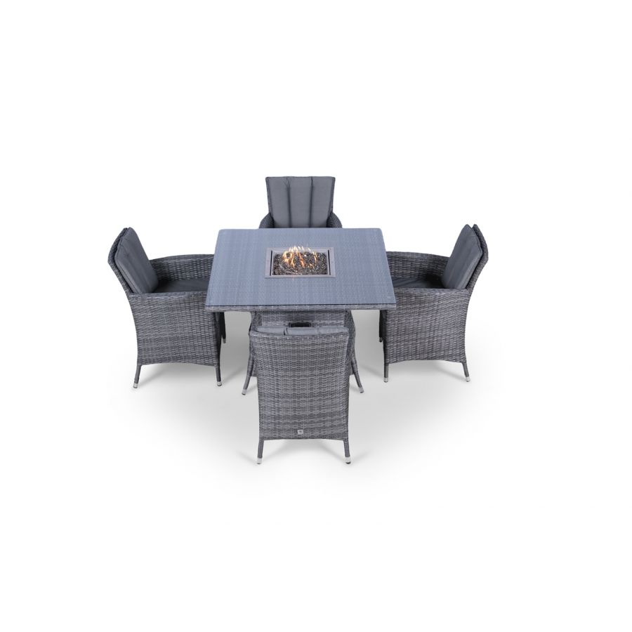 Savannah Fire Pit 4 Seater Square Rattan Dining Set - Grey