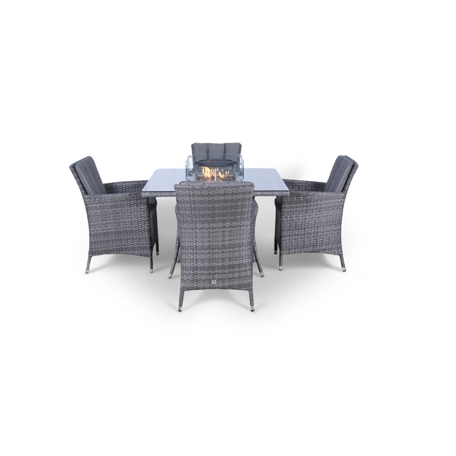 Savannah Fire Pit 4 Seater Square Rattan Dining Set - Grey