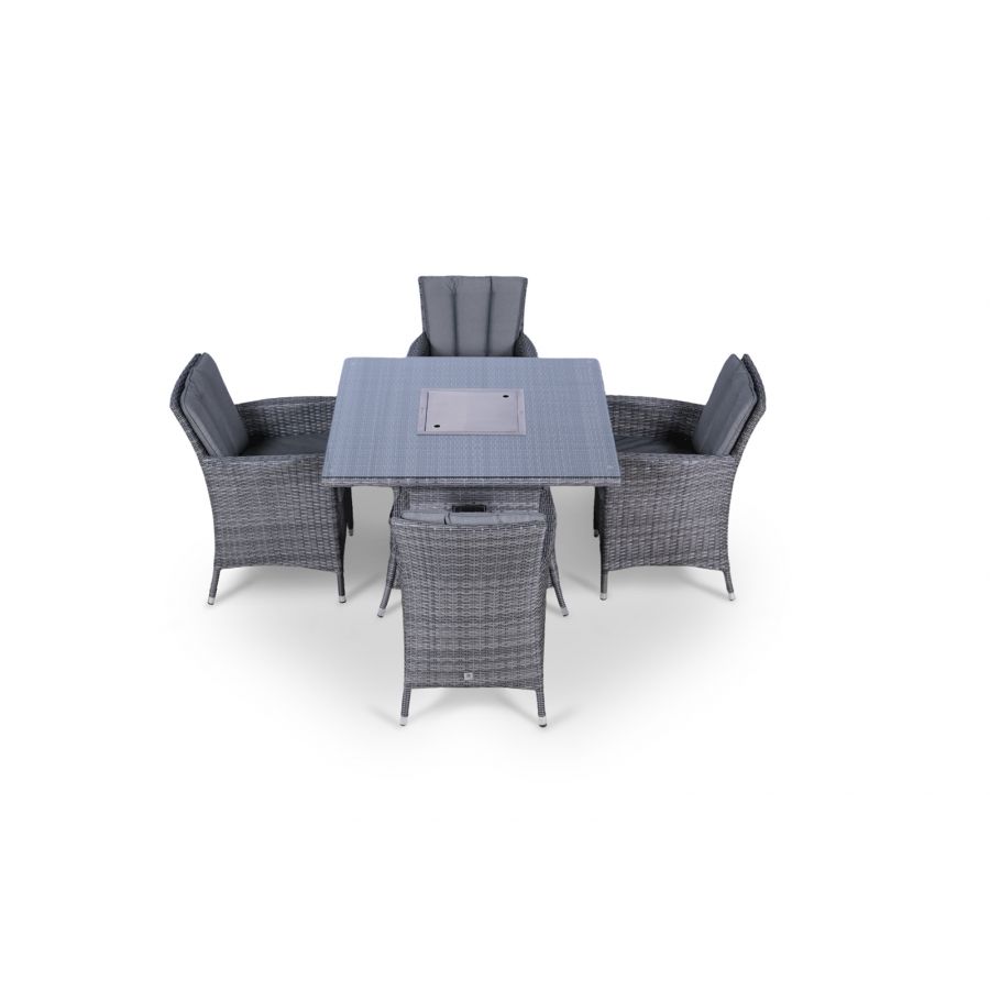 Savannah Fire Pit 4 Seater Square Rattan Dining Set - Grey