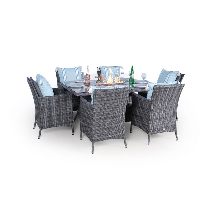 Savannah Fire Pit 6 Seater Rectangle Rattan Dining Set - Grey