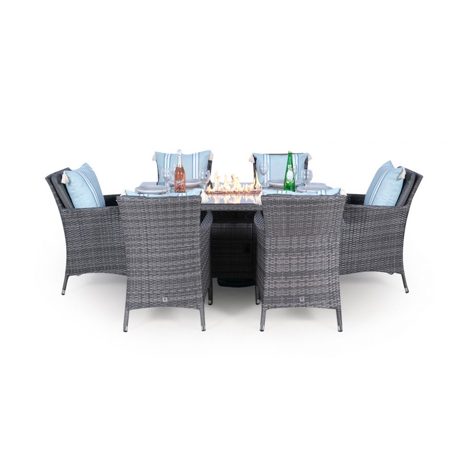 Savannah Fire Pit 6 Seater Rectangle Rattan Dining Set - Grey