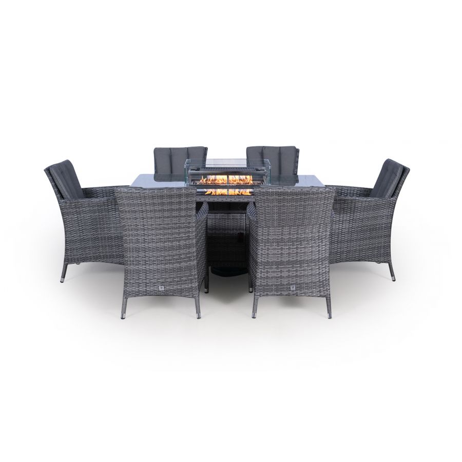 Savannah Fire Pit 6 Seater Rectangle Rattan Dining Set - Grey