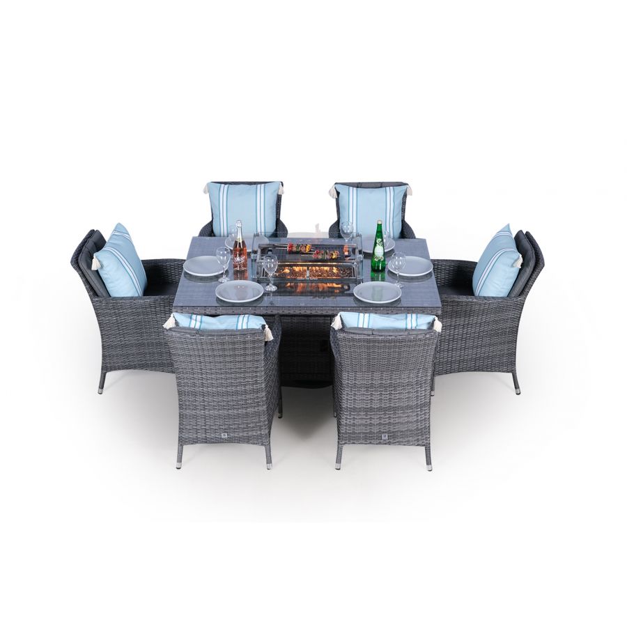 Savannah Fire Pit 6 Seater Rectangle Rattan Dining Set - Grey