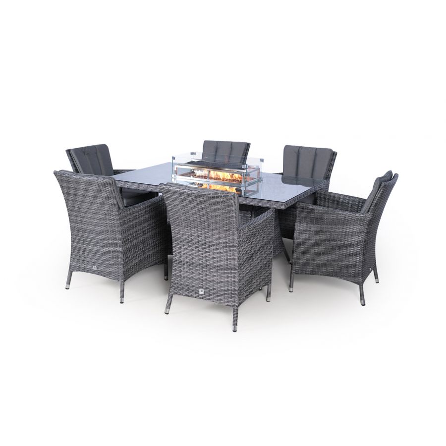 Savannah Fire Pit 6 Seater Rectangle Rattan Dining Set - Grey