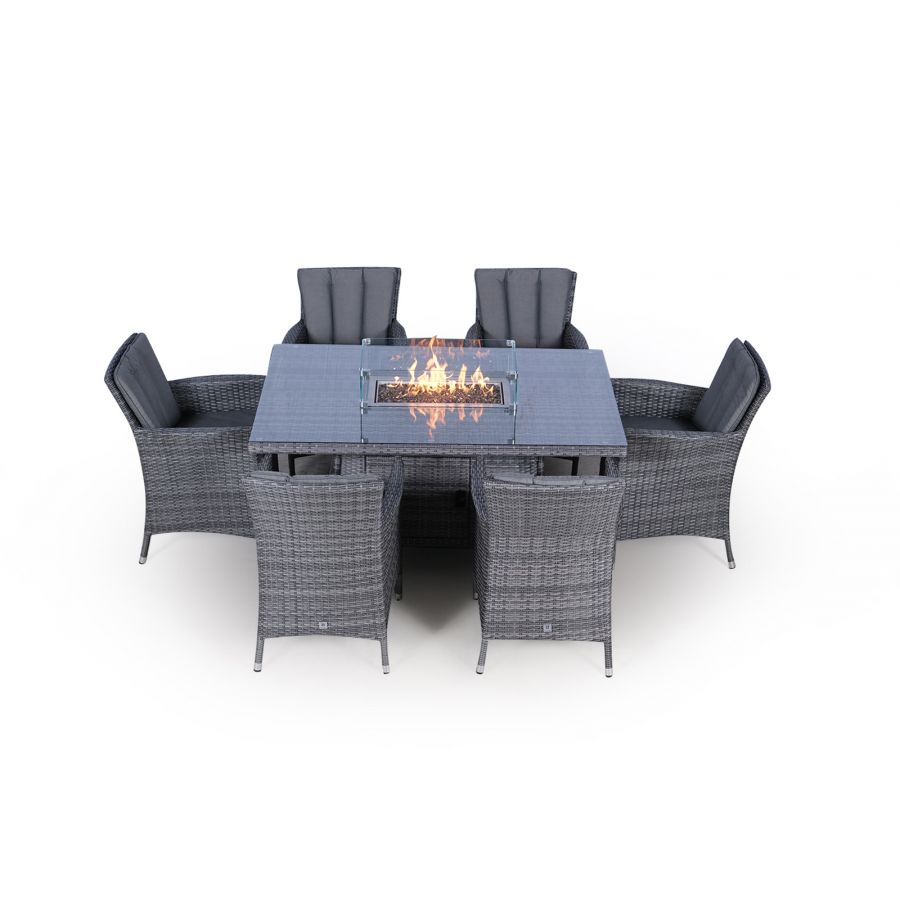 Savannah Fire Pit 6 Seater Rectangle Rattan Dining Set - Grey