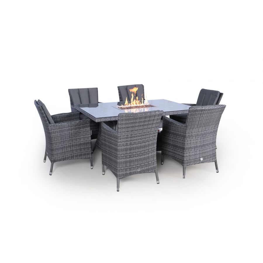Savannah Fire Pit 6 Seater Rectangle Rattan Dining Set - Grey
