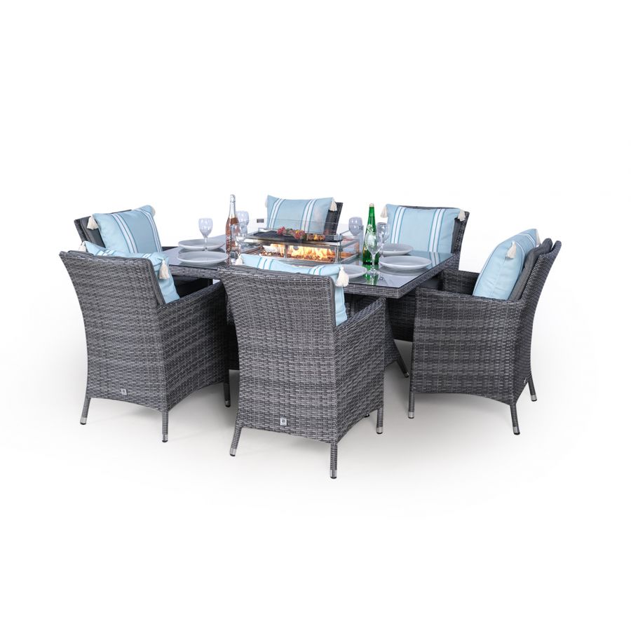 Savannah Fire Pit 6 Seater Rectangle Rattan Dining Set - Grey
