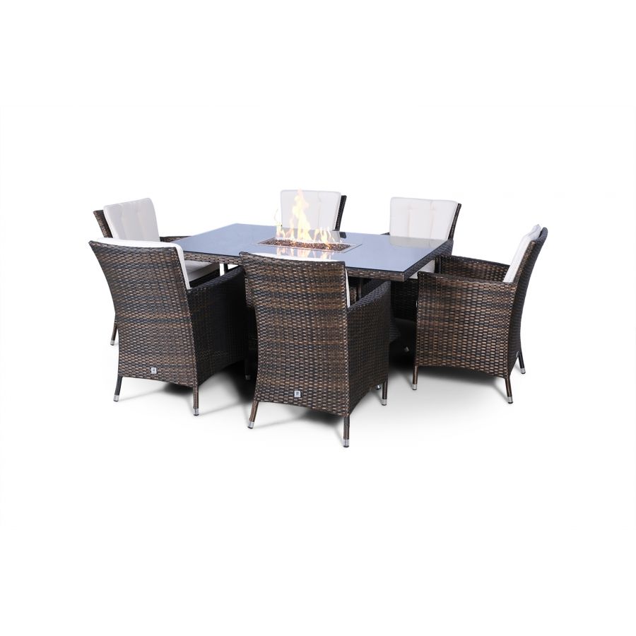 Savannah Fire Pit 6 Seater Rectangle Rattan Dining Set - Brown