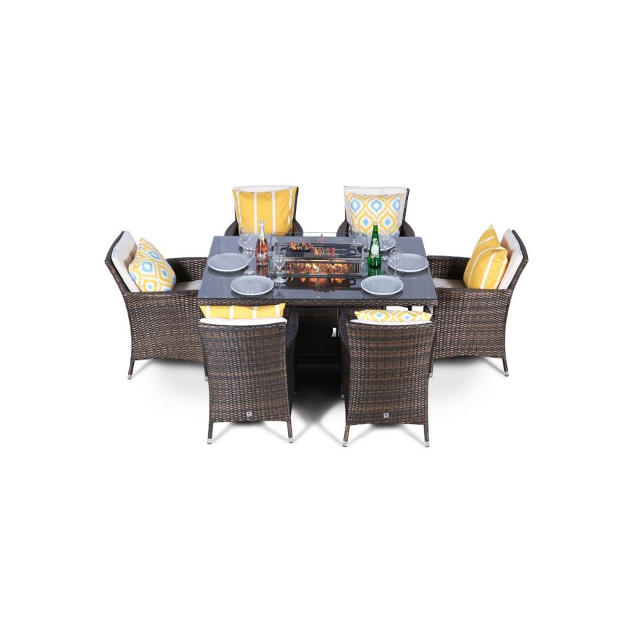 Savannah Fire Pit 6 Seater Rectangle Rattan Dining Set - Brown