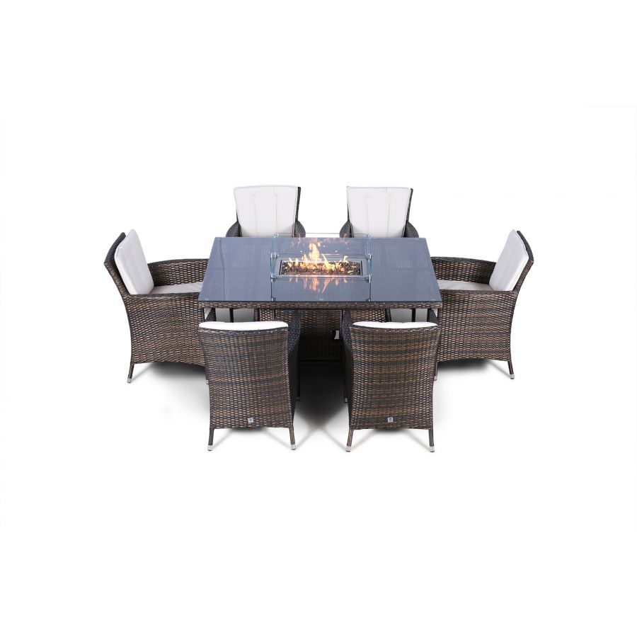 Savannah Fire Pit 6 Seater Rectangle Rattan Dining Set - Brown