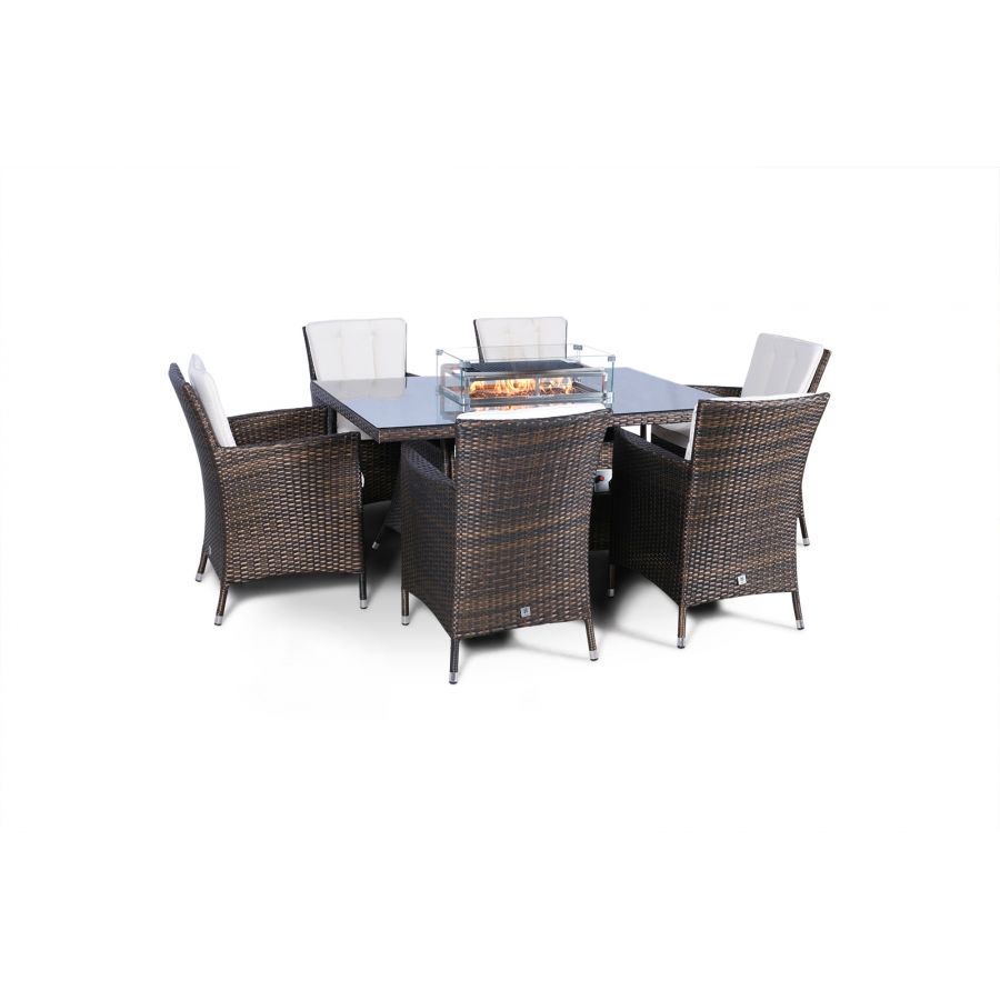 Savannah Fire Pit 6 Seater Rectangle Rattan Dining Set - Brown