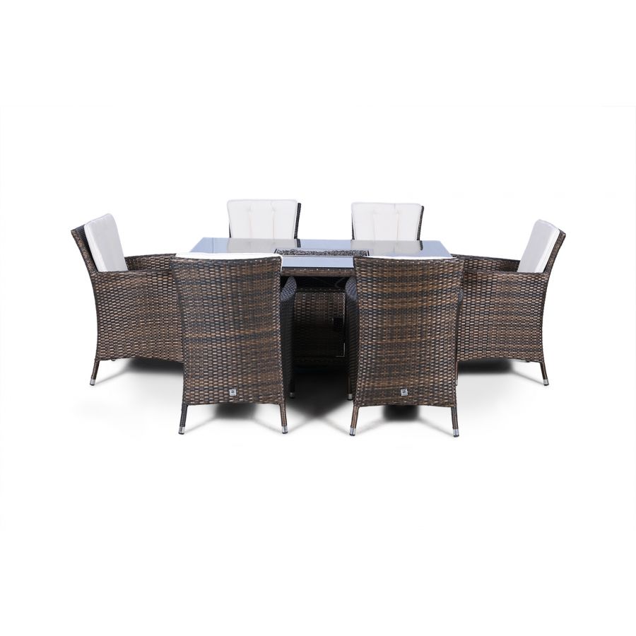 Savannah Fire Pit 6 Seater Rectangle Rattan Dining Set - Brown