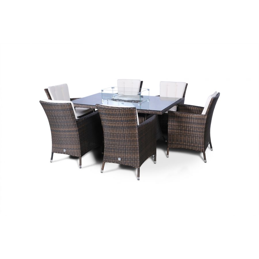 Savannah Fire Pit 6 Seater Rectangle Rattan Dining Set - Brown