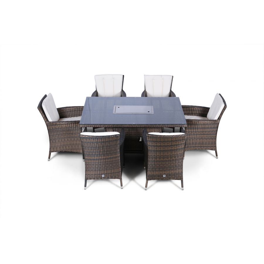 Savannah Fire Pit 6 Seater Rectangle Rattan Dining Set - Brown