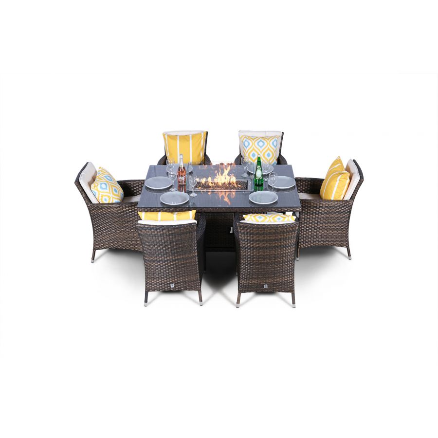Savannah Fire Pit 6 Seater Rectangle Rattan Dining Set - Brown