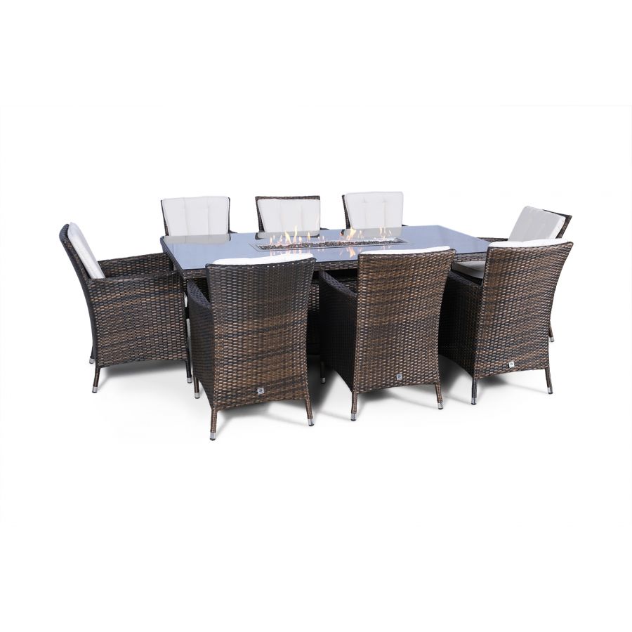 Savannah Fire Pit 8 Seater Rectangle Rattan Dining Set - Brown