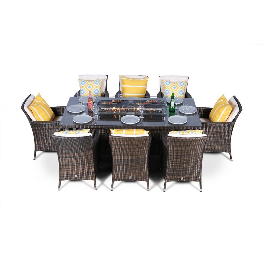 Savannah Fire Pit 8 Seater Rectangle Rattan Dining Set - Brown