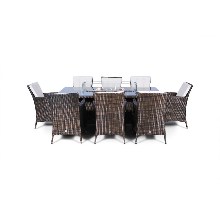 Savannah Fire Pit 8 Seater Rectangle Rattan Dining Set - Brown