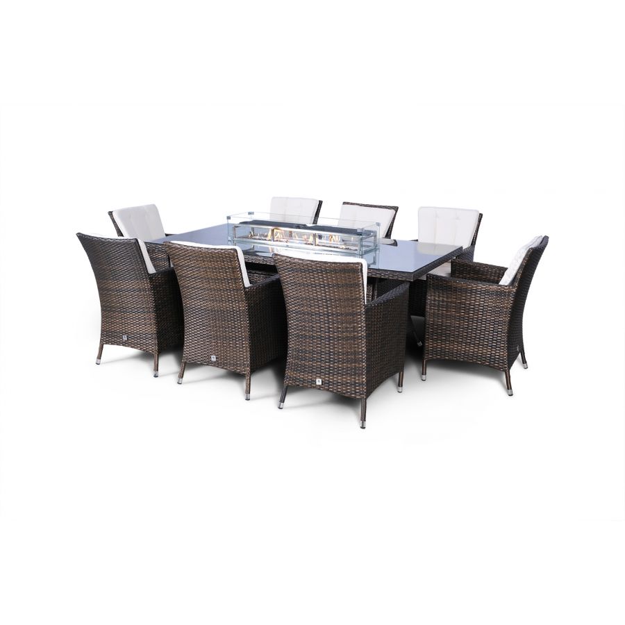 Savannah Fire Pit 8 Seater Rectangle Rattan Dining Set - Brown
