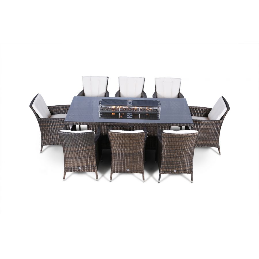 Savannah Fire Pit 8 Seater Rectangle Rattan Dining Set - Brown