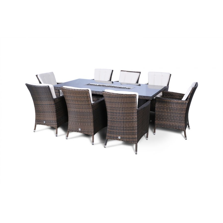 Savannah Fire Pit 8 Seater Rectangle Rattan Dining Set - Brown
