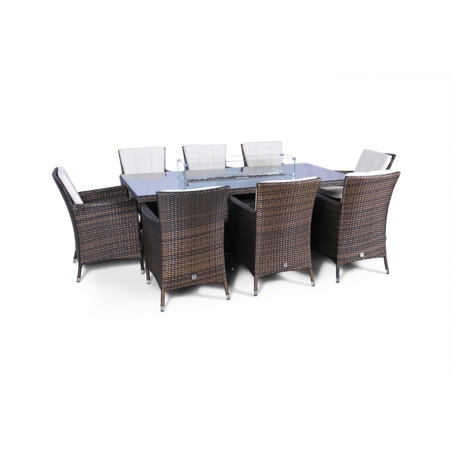 Savannah Fire Pit 8 Seater Rectangle Rattan Dining Set - Brown