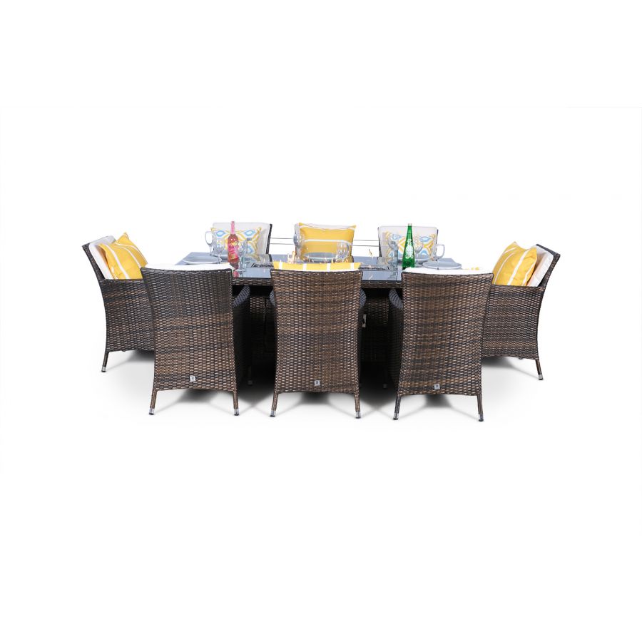 Savannah Fire Pit 8 Seater Rectangle Rattan Dining Set - Brown