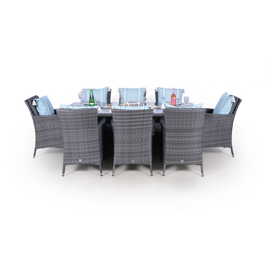 Savannah Fire Pit 8 Seater Rectangle Rattan Dining Set - Grey
