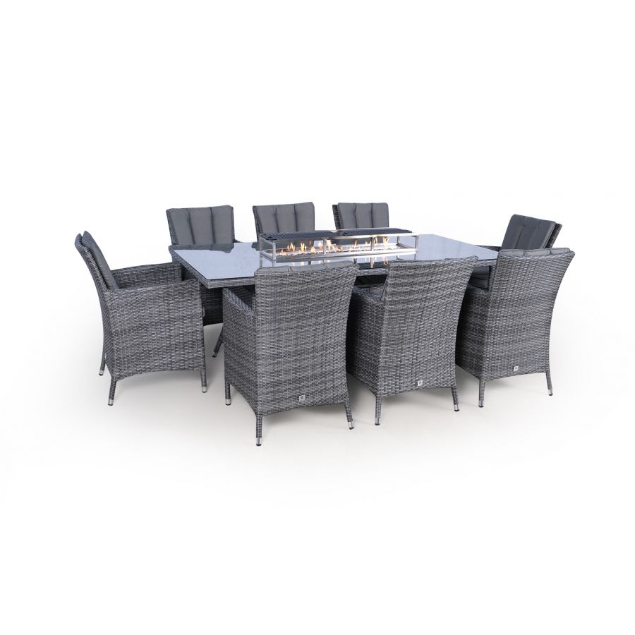 Savannah Fire Pit 8 Seater Rectangle Rattan Dining Set - Grey