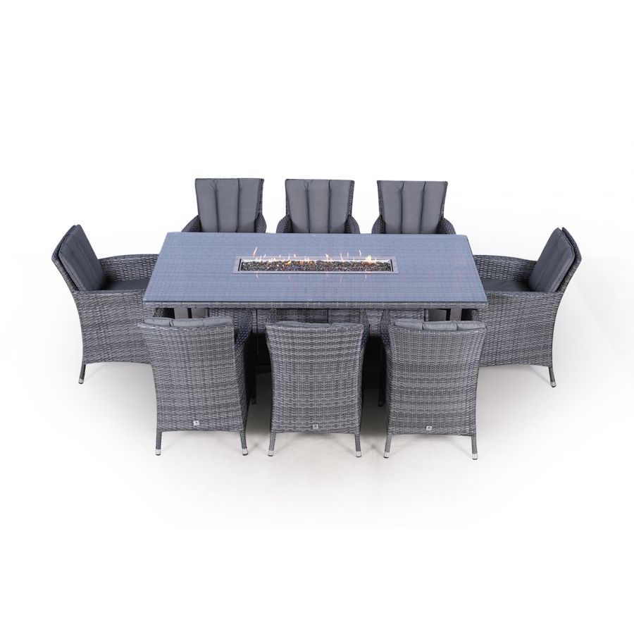Savannah Fire Pit 8 Seater Rectangle Rattan Dining Set - Grey