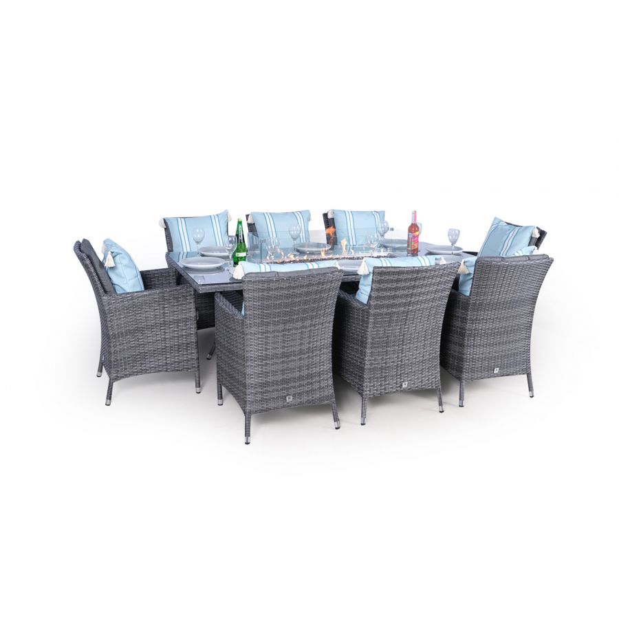 Savannah Fire Pit 8 Seater Rectangle Rattan Dining Set - Grey