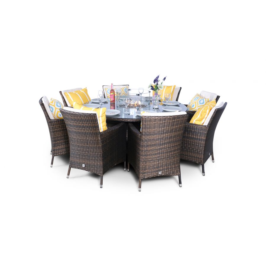 Savannah Fire Pit 8 Seater Round Rattan Dining Set - Brown