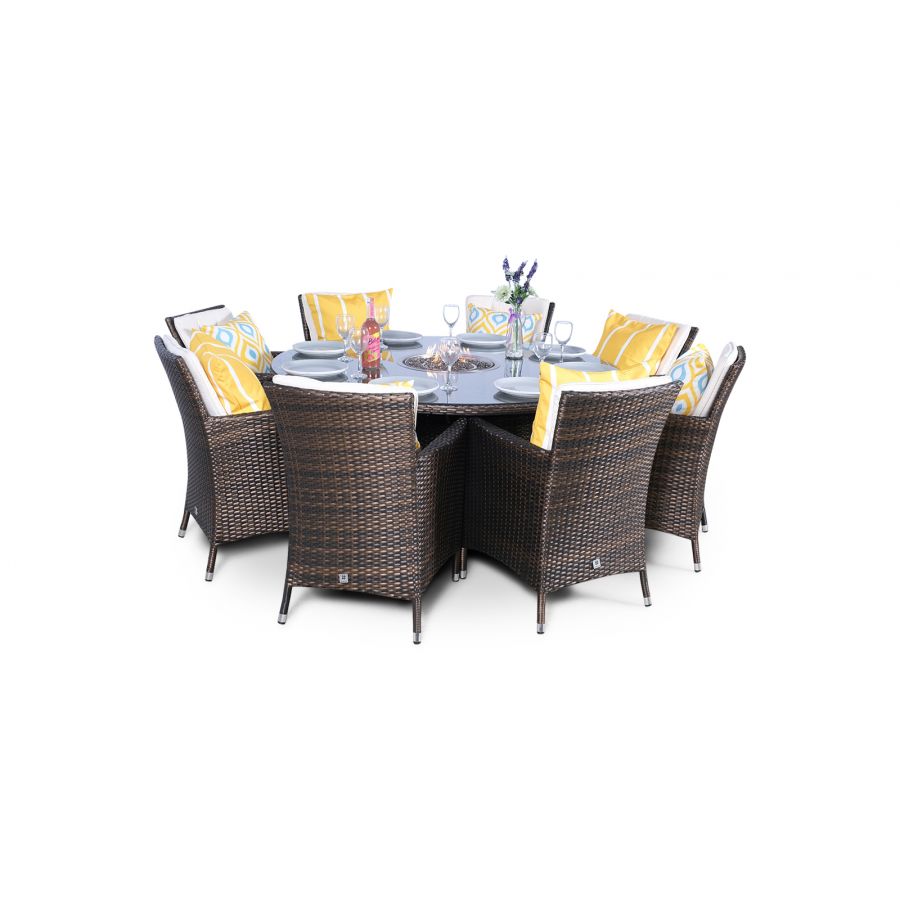 Savannah Fire Pit 8 Seater Round Rattan Dining Set - Brown