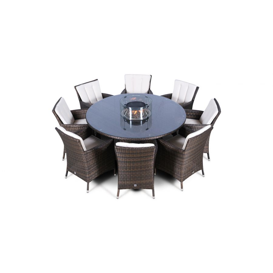 Savannah Fire Pit 8 Seater Round Rattan Dining Set - Brown