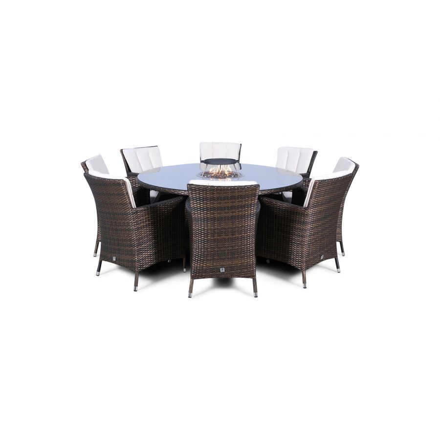 Savannah Fire Pit 8 Seater Round Rattan Dining Set - Brown