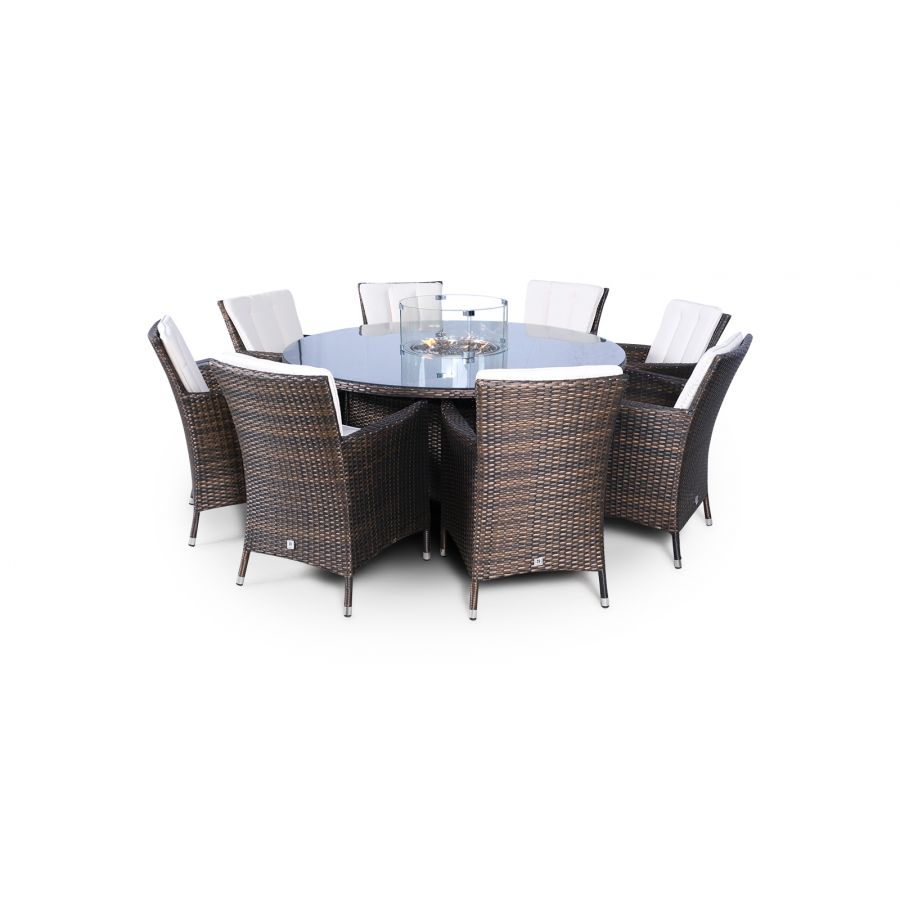 Savannah Fire Pit 8 Seater Round Rattan Dining Set - Brown