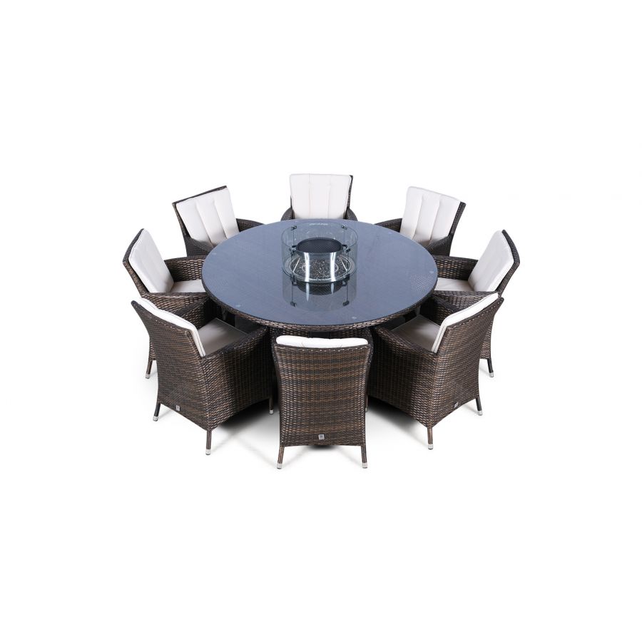 Savannah Fire Pit 8 Seater Round Rattan Dining Set - Brown