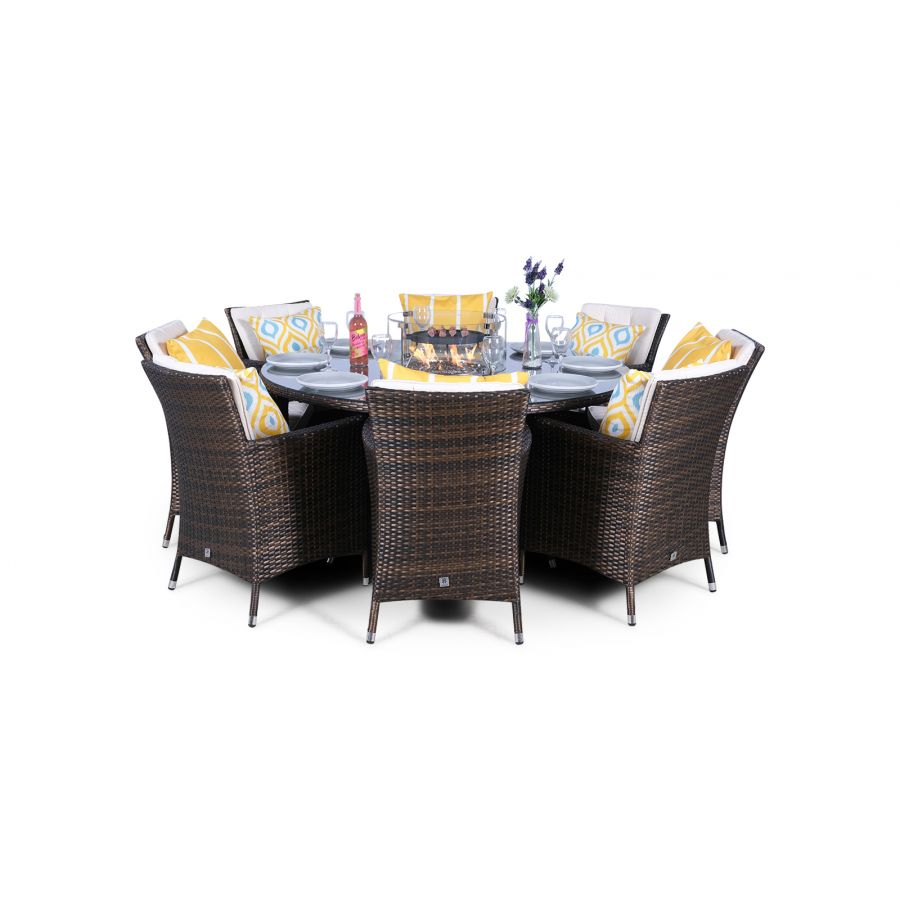 Savannah Fire Pit 8 Seater Round Rattan Dining Set - Brown