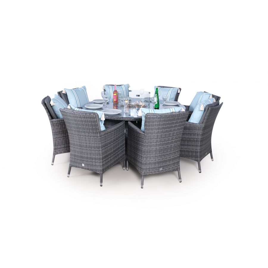 Savannah Fire Pit 8 Seater Round Rattan Dining Set - Grey