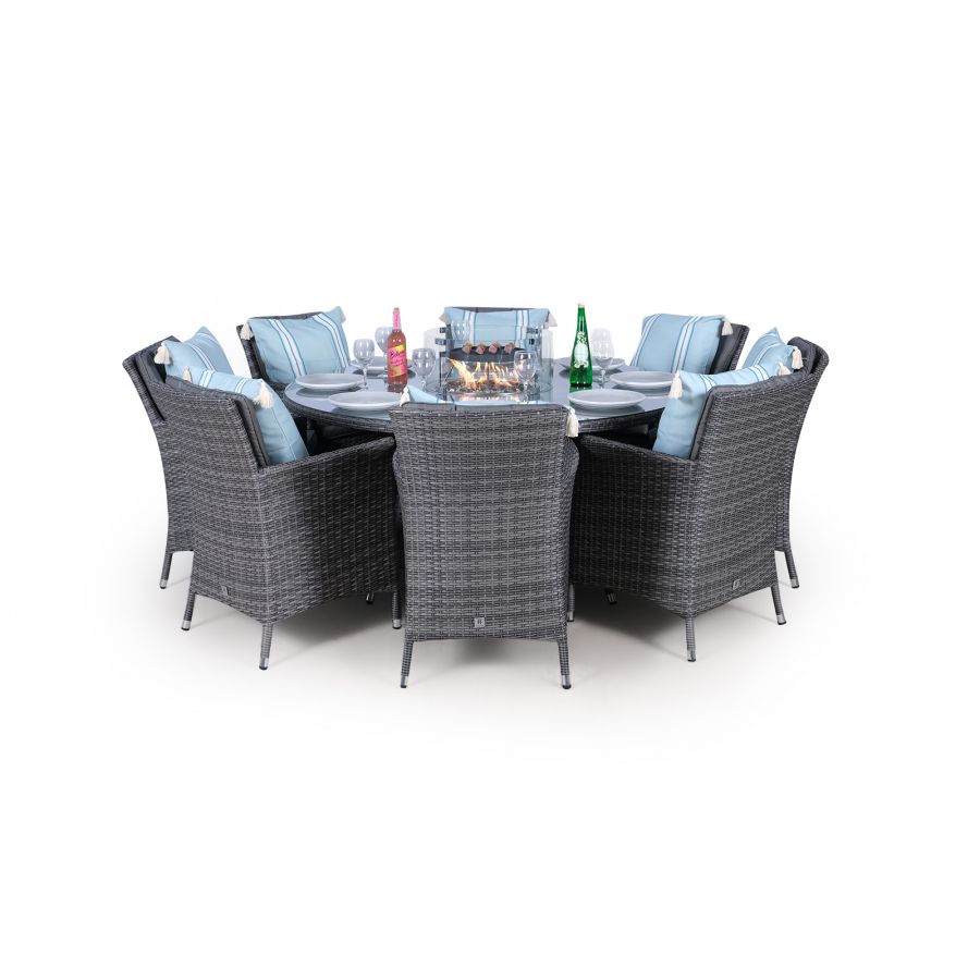 Savannah Fire Pit 8 Seater Round Rattan Dining Set - Grey