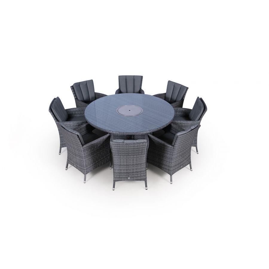 Savannah Fire Pit 8 Seater Round Rattan Dining Set - Grey