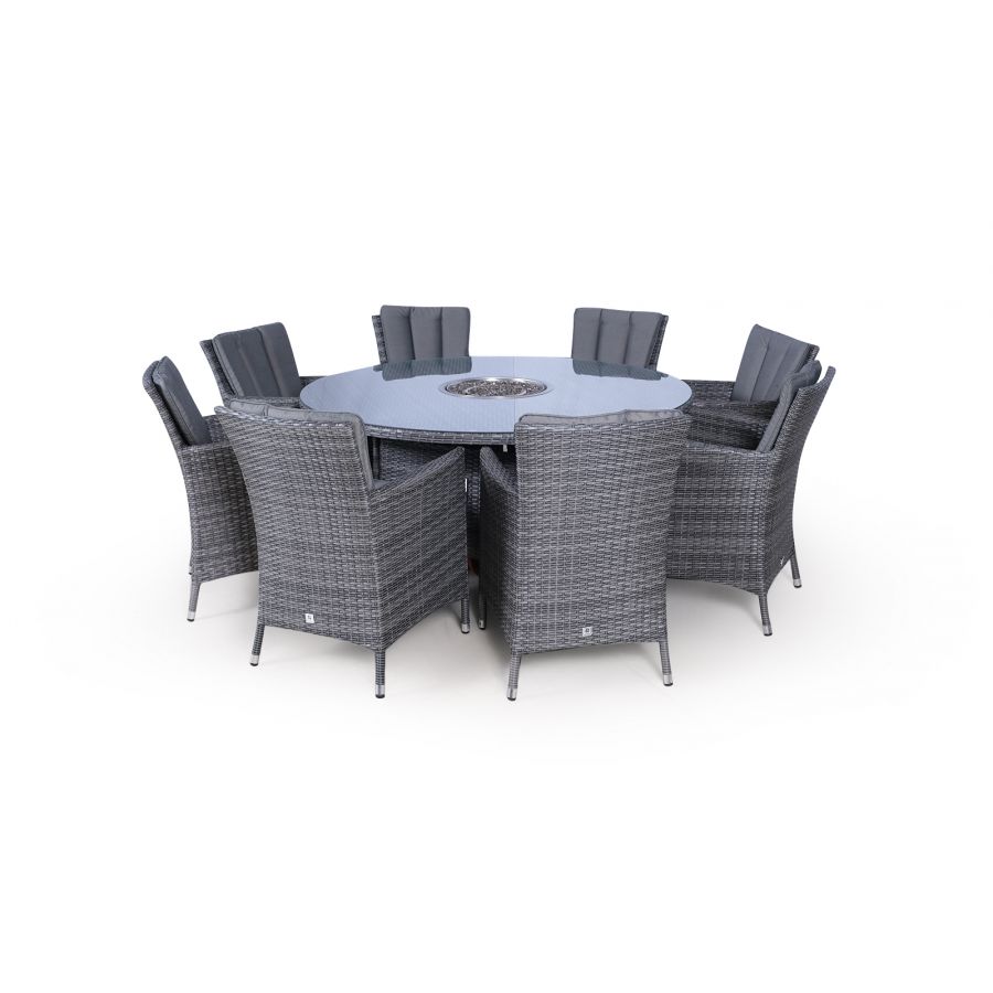 Savannah Fire Pit 8 Seater Round Rattan Dining Set - Grey