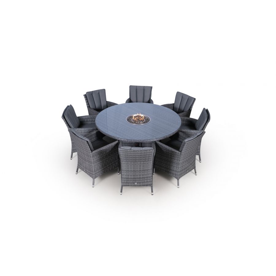 Savannah Fire Pit 8 Seater Round Rattan Dining Set - Grey