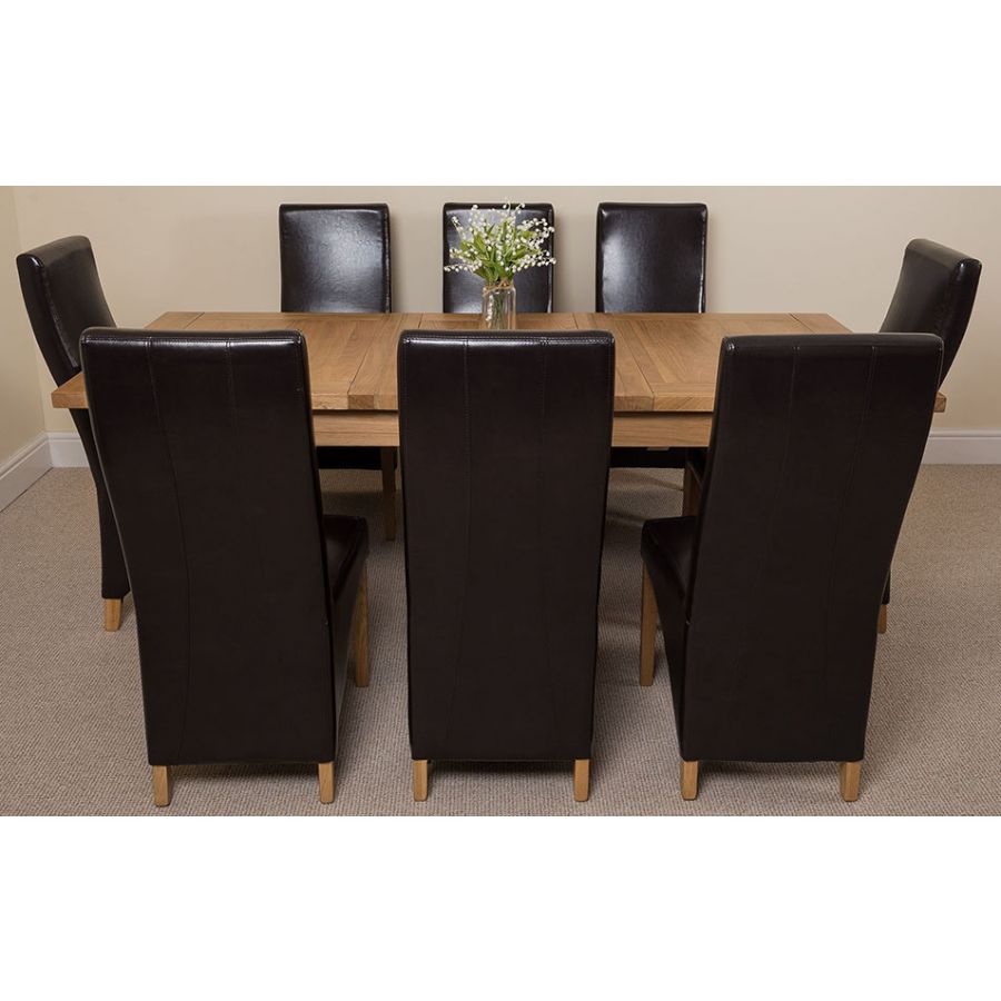 Seattle Oak Extending Dining Table and 8 Lola Brown Leather Dining Chairs