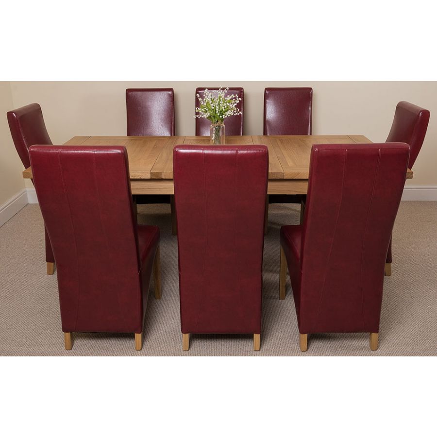 Seattle Oak Extending Dining Table and 8 Lola Burgundy Leather Dining Chairs
