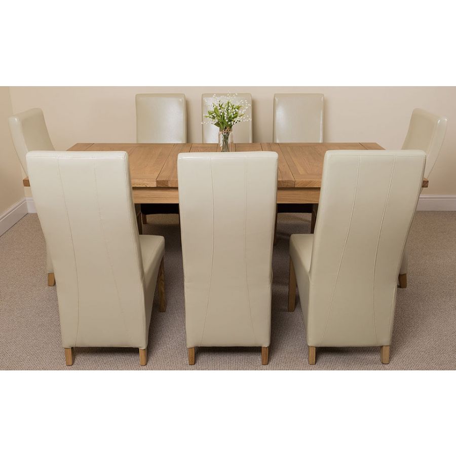 Seattle Oak Extending Dining Table and 8 Lola Ivory Leather Dining Chairs